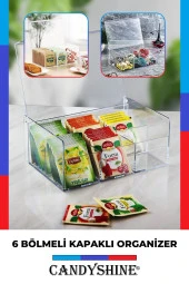 Lüx Kapaklı 6 Bölmeli Dikdörtgen Mika Poşet Çay Standı Takı Mücevher Düzenleyici - 1