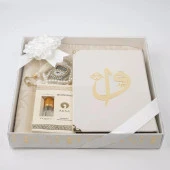 Kuran + Seccade +  Tesbih + Zikirmatik + Koku Hediye Seti (Hafız Boy, Kadife, Beyaz) - 2