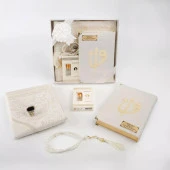 Kuran + Seccade +  Tesbih + Zikirmatik + Koku Hediye Seti (Hafız Boy, Kadife, Beyaz) - 4