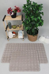 Modern Bubble Yıkanabilir Kaymaz Peluş Banyo Paspası Halısı 2'li Klozet Takımı 60x100-50x60cm Bej - 1