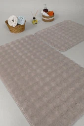 Modern Bubble Yıkanabilir Kaymaz Peluş Banyo Paspası Halısı 2'li Klozet Takımı 60x100-50x60cm Bej - 4