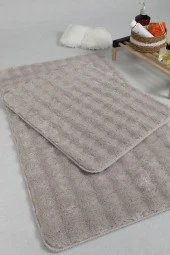 Modern Bubble Yıkanabilir Kaymaz Peluş Banyo Paspası Halısı 2'li Klozet Takımı 60x100-50x60cm Bej - 5