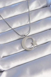 316L Çelik Gümüş Renk Ay Yıldız Model Unisex Kolye - TJ-BKO8882 thumbnail 1