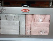 Hobby Line %100 Saf Pamuk Aile Bornoz Seti-Pembe K.Bej - 2