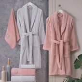 Hobby Line %100 Saf Pamuk Aile Bornoz Seti-Pembe Gri - 1