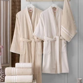 Hobby Sude %60 Bambu %40 Pamuk Aile Bornoz Seti-Krem Bej - 1