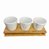 Bitki Tasarımı Ev dekorasyon Aksesuar Beyaz Gold Mermer Efektli Toprak Saksı Üçlü Ahşap Tabanlı Çiçeklik Saksı Saksılık thumbnail 3