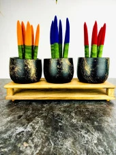 Bitki Tasarımı Ev dekorasyon Aksesuar Siyah Gold Mermer Efektli Toprak Saksı Üçlü Ahşap Tabanlı Belly Çiçeklik Saksı Saksılık thumbnail 1