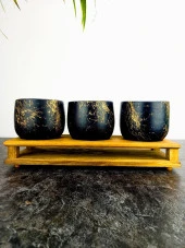 Bitki Tasarımı Ev dekorasyon Aksesuar Siyah Gold Mermer Efektli Toprak Saksı Üçlü Ahşap Tabanlı Belly Çiçeklik Saksı Saksılık thumbnail 3