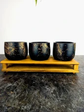 Bitki Tasarımı Ev dekorasyon Aksesuar Siyah Gold Mermer Efektli Toprak Saksı Üçlü Ahşap Tabanlı Belly Çiçeklik Saksı Saksılık thumbnail 4