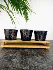 Bitki Tasarımı Ev dekorasyon Aksesuar Siyah Gold Mermer Efektli Toprak Saksı Üçlü Ahşap Tabanlı Çiçeklik Saksı Saksılık thumbnail 5