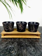 Bitki Tasarımı Ev dekorasyon Aksesuar Siyah Gold Mermer Efektli Toprak Saksı Üçlü Ahşap Tabanlı Çiçeklik Saksı Saksılık thumbnail 7