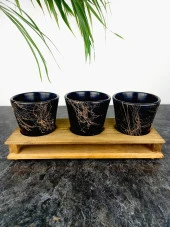 Bitki Tasarımı Ev dekorasyon Aksesuar Siyah Gold Mermer Efektli Toprak Saksı Üçlü Ahşap Tabanlı Çiçeklik Saksı Saksılık thumbnail 8