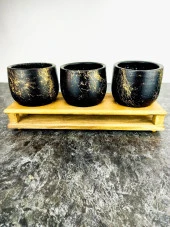 Bitki Tasarımı Ev dekorasyon Aksesuar Siyah Gold Mermer Efektli Toprak Saksı Üçlü Ahşap Tabanlı Belly Çiçeklik Saksı Saksılık thumbnail 6