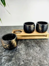 Bitki Tasarımı Ev dekorasyon Aksesuar Siyah Gold Mermer Efektli Toprak Saksı Üçlü Ahşap Tabanlı Belly Çiçeklik Saksı Saksılık thumbnail 7