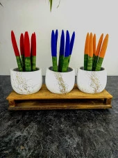 Bitki Tasarımı Ev dekorasyon Aksesuar Beyaz Gold Mermer Efektli Toprak Saksı Üçlü Ahşap Tabanlı Belly Çiçeklik Saksı Saksılık thumbnail 1