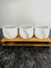 Bitki Tasarımı Ev dekorasyon Aksesuar Beyaz Gold Mermer Efektli Toprak Saksı Üçlü Ahşap Tabanlı Belly Çiçeklik Saksı Saksılık thumbnail 6