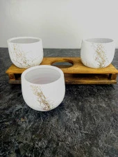 Bitki Tasarımı Ev dekorasyon Aksesuar Beyaz Gold Mermer Efektli Toprak Saksı Üçlü Ahşap Tabanlı Belly Çiçeklik Saksı Saksılık thumbnail 7