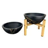 Bitki Tasarımı Ev Dekorasyon Siyah Üzeri Gold Mermer Efektli Aranjman Sunumluk Toprak Saksı Ayaksız Ve 3 Ayaklı İkili Set 20 Cm Çap thumbnail 3