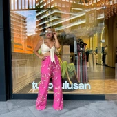 Keten Kumaş Pembe Üzeri Bej Desenli Pantolon Bej Büstiyer Takım - 1