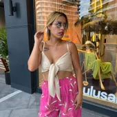Keten Kumaş Pembe Üzeri  Bej Desenli Pantolon Bej Büstiyer Takım - 2