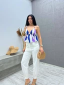 Beyaz Üzeri Lacivert Lila Çizgili Crop - 1