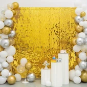 Altın Gold Renk Dikdörtgen Kesim Parlak Sim Görünümlü Fon Perde Dekor 1x2 Metre thumbnail 1