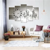 Beyaz Atlar 5 Parçalı Saatli Kanvas Tablo thumbnail 1