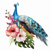 Çiçekler İçindeki Mavi Tavuskuşu - Kanvas Tablo thumbnail 1