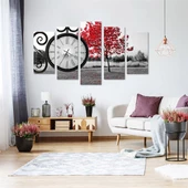 Kızıl Ağaç Saatli 5 Parçalı Kanvas Tablo thumbnail 1