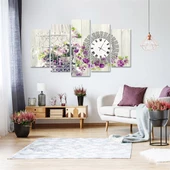 Mor Çiçekli Kafes Saatli 5 Parçalı Kanvas Tablo thumbnail 1