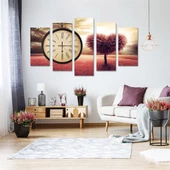 Kalp Ağacı - Saatli 5 Parçalı Kanvas Tablo thumbnail 1