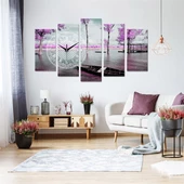 Mor Ağaçlı Göl Saatli 5 Parçalı Kanvas Tablo thumbnail 1