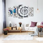 Beyaz Taşlar ve Mavi Kelebek - Saatli 5 Parçalı Kanvas Tablo thumbnail 1