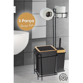 Ahşap Desenli Metal Standlı Yedekli Wc Kağıtlık Banyo Seti Siyah 3 Adet Duş Lifi Hediye - 1