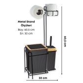 Ahşap Desenli Metal Standlı Yedekli Wc Kağıtlık Banyo Seti Siyah 3 Adet Duş Lifi Hediye - 3