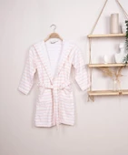 %100 Pamuk Kapüşonlu Çizgili Çocuk &Genç Bornoz - 1