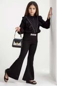 Kız Çocuk Omuzdan Taş ve Fırfırlı Gömlek Beli Taş İşlemeli İspanyol Paça Black Alt Üst Takım thumbnail 2