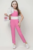 Kız Çocuk Tek Omuz Gül Detaylı Beli Kemerli Pembe Tulum thumbnail 1