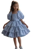 Kız Çocuk Balon Kollu Eteği KatKat Fırfırlı İçi Astarlı Mavi Abiye thumbnail 8