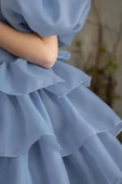 Kız Çocuk Balon Kollu Eteği KatKat Fırfırlı İçi Astarlı Mavi Abiye thumbnail 6
