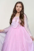 Kız Çocuk Üzeri Pulpayet İşlemeli Kolları Şeffaf Tüllü Toka Detaylı Pembe Abiye thumbnail 5