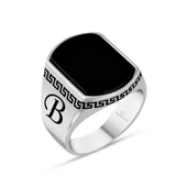 Gümüş Grek Desenli Harfli Oniks Taşlı Erkek Yüzük - 1