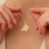 925 Ayar Gümüş 14 Ayar Altın Kaplama Kelebek Figürlü Kolye - CN00161 thumbnail 4