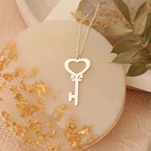 925 Ayar Gümüş Kalp Plaka Kesim Anahtar Kolye - CN00145 thumbnail 1