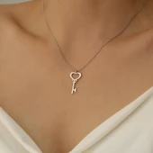 925 Ayar Gümüş Kalp Plaka Kesim Anahtar Kolye - CN00145 thumbnail 5