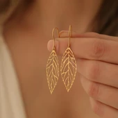 925 Ayar Gümüş Büyük Boy Yaprak Küpe - E00232 - 4