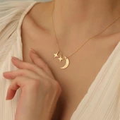 14 Ayara Mikron Kaplama Kişiye Özel Harf Detaylı Ay Yıldız Gümüş Kolye - CN00233 thumbnail 2