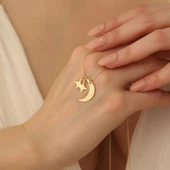 14 Ayara Mikron Kaplama Kişiye Özel Harf Detaylı Ay Yıldız Gümüş Kolye - CN00233 thumbnail 3