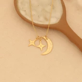 14 Ayara Mikron Kaplama Kişiye Özel Harf Detaylı Ay Yıldız Gümüş Kolye - CN00233 thumbnail 4